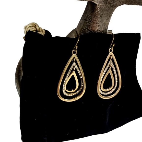 Vintage Gold Concentric Simulated Diamonds Teardrop Earrings 1.5 inch Pierced - Picture 5 of 9